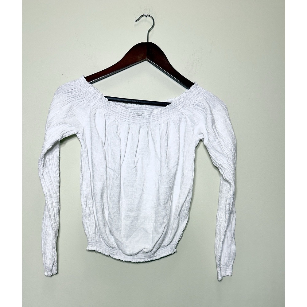 Blanco Boho Peasant Off Shoulder Crop Top Womens S White Smocked Gauzy Beach